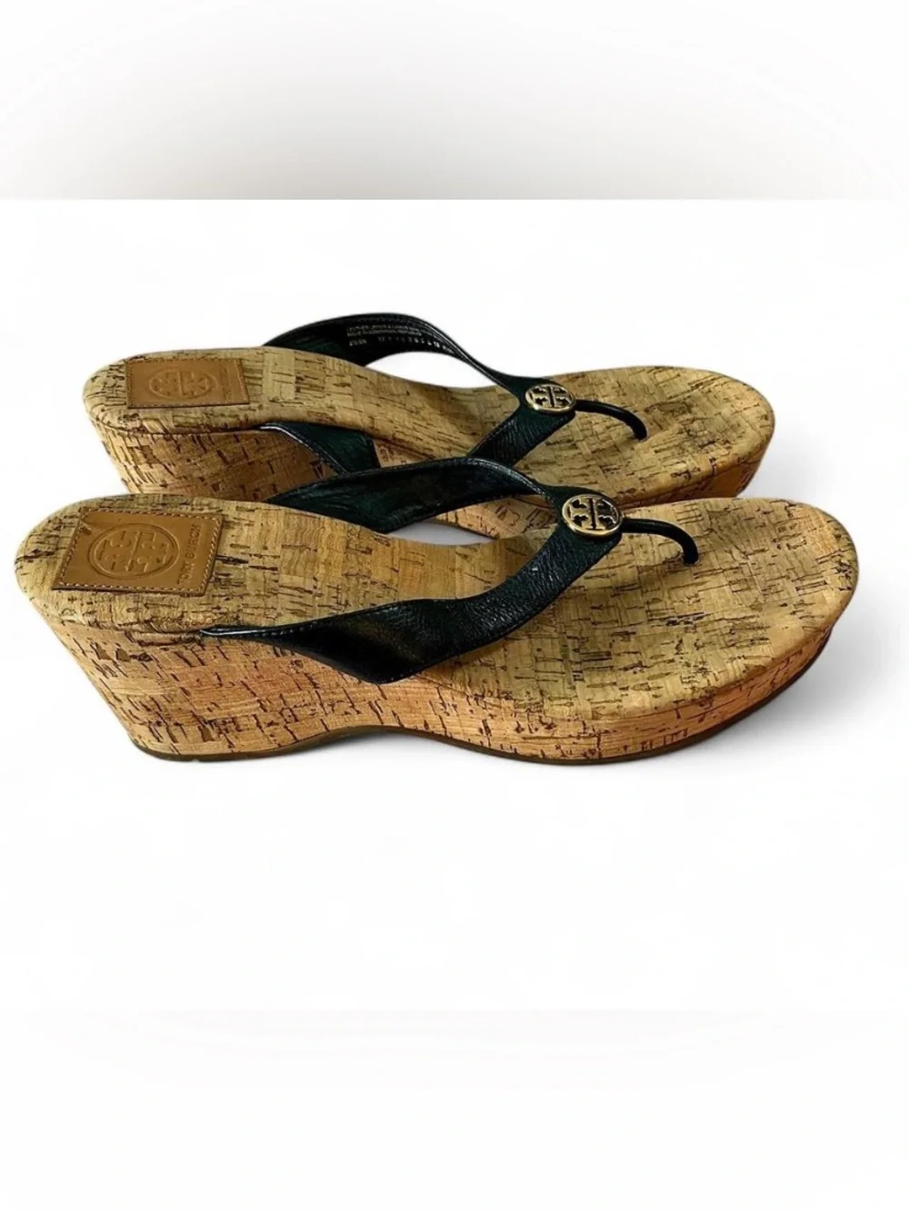 Tory Burch Suzi Cork Wedge Sandals Black Leather 9.5 EUC